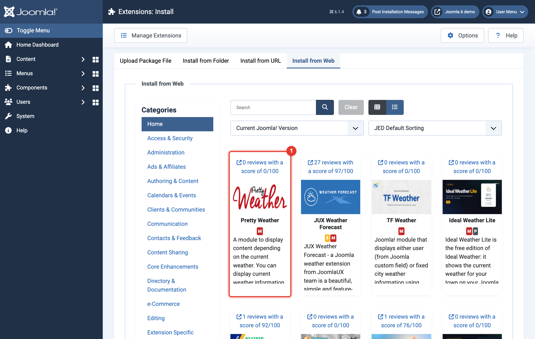 Joomla 6 Install from Web, Pretty Weather in the results
